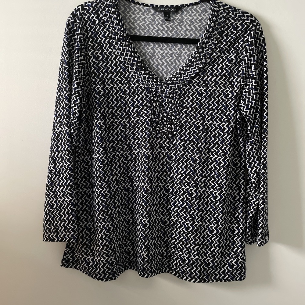 41 Hawthorn Tunic Top Women M Blue Black Chevron Stretch Knit